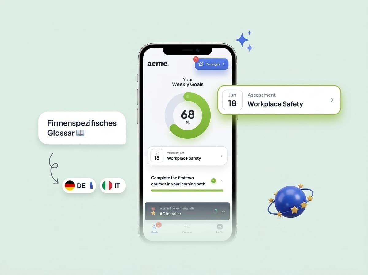Die Elephant-App mit Lernzielen, firmenspezifischem Glossar und Kursen in mehreren Sprachen (Deutsch, Italienisch).