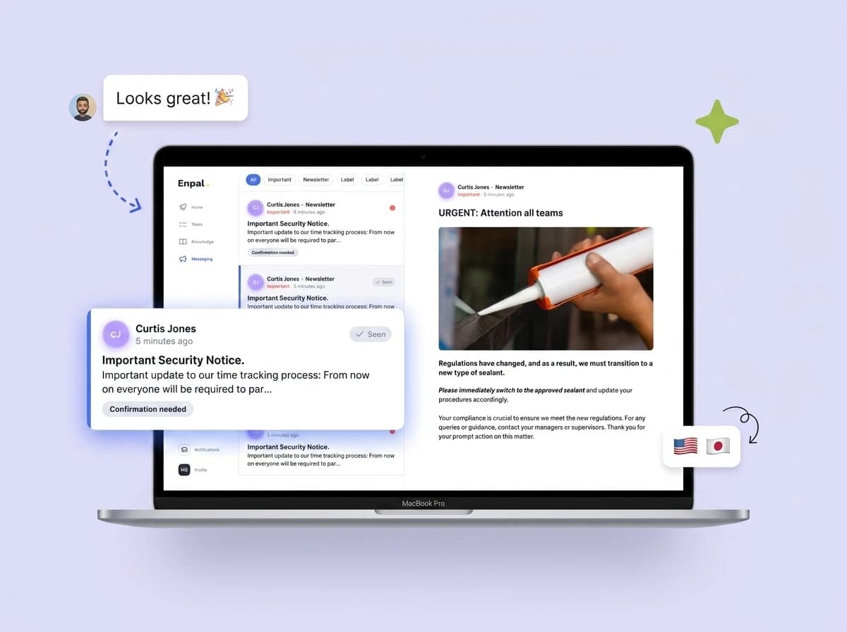 Die Elephant-Plattform: eine wichtige Mitteilung wird als Kurs an alle Teams ausgespielt, inkl. Lesebestätigung und Freigabe.