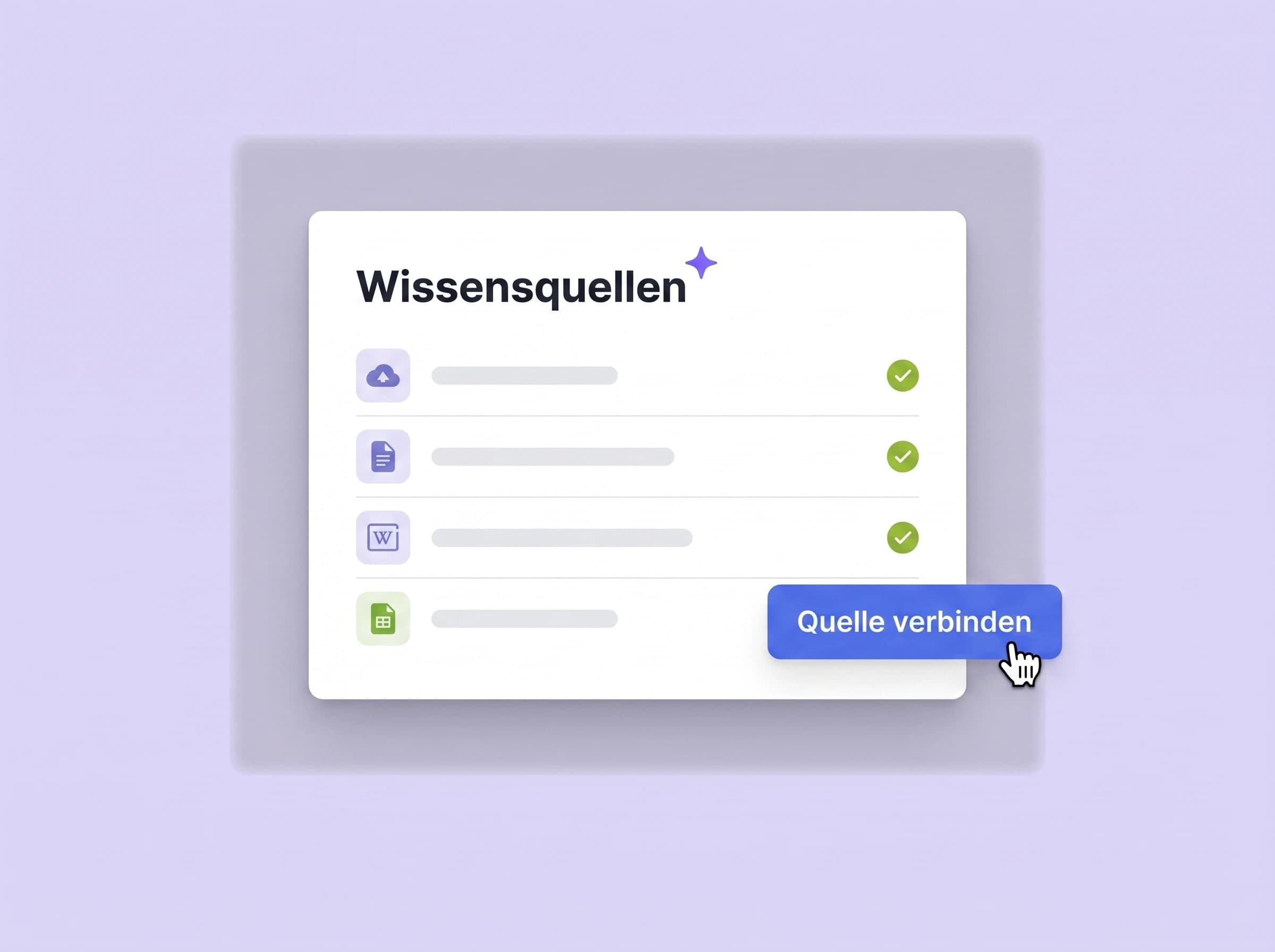 Wissensquellen wie Drive, SharePoint und Confluence mit Elephant verbunden, jeweils mit grünem Häkchen.