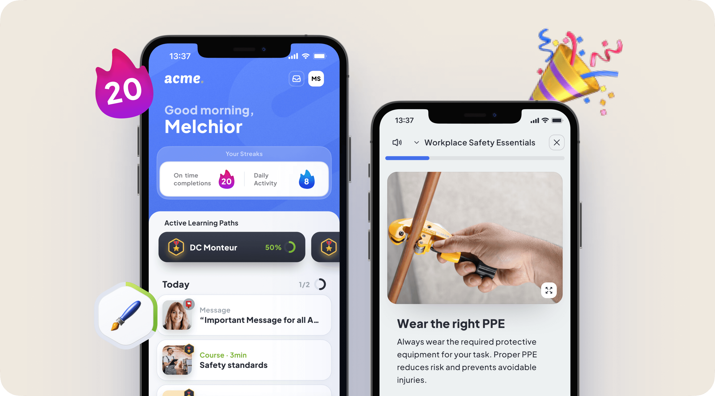 Elephant Field App auf zwei iPhones — Microlearning, Lernpfade und Streak-Tracking im Hosentaschenformat