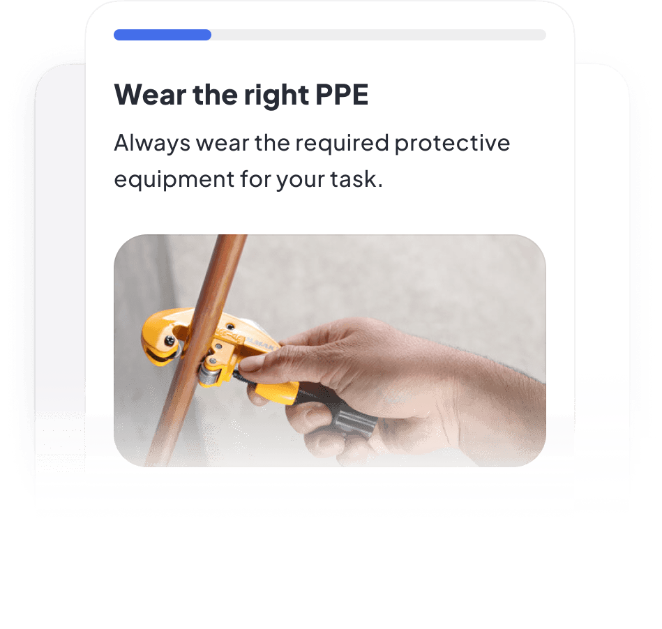 Wear the right PPE — Lesson card with progress bar and protective-equipment photo