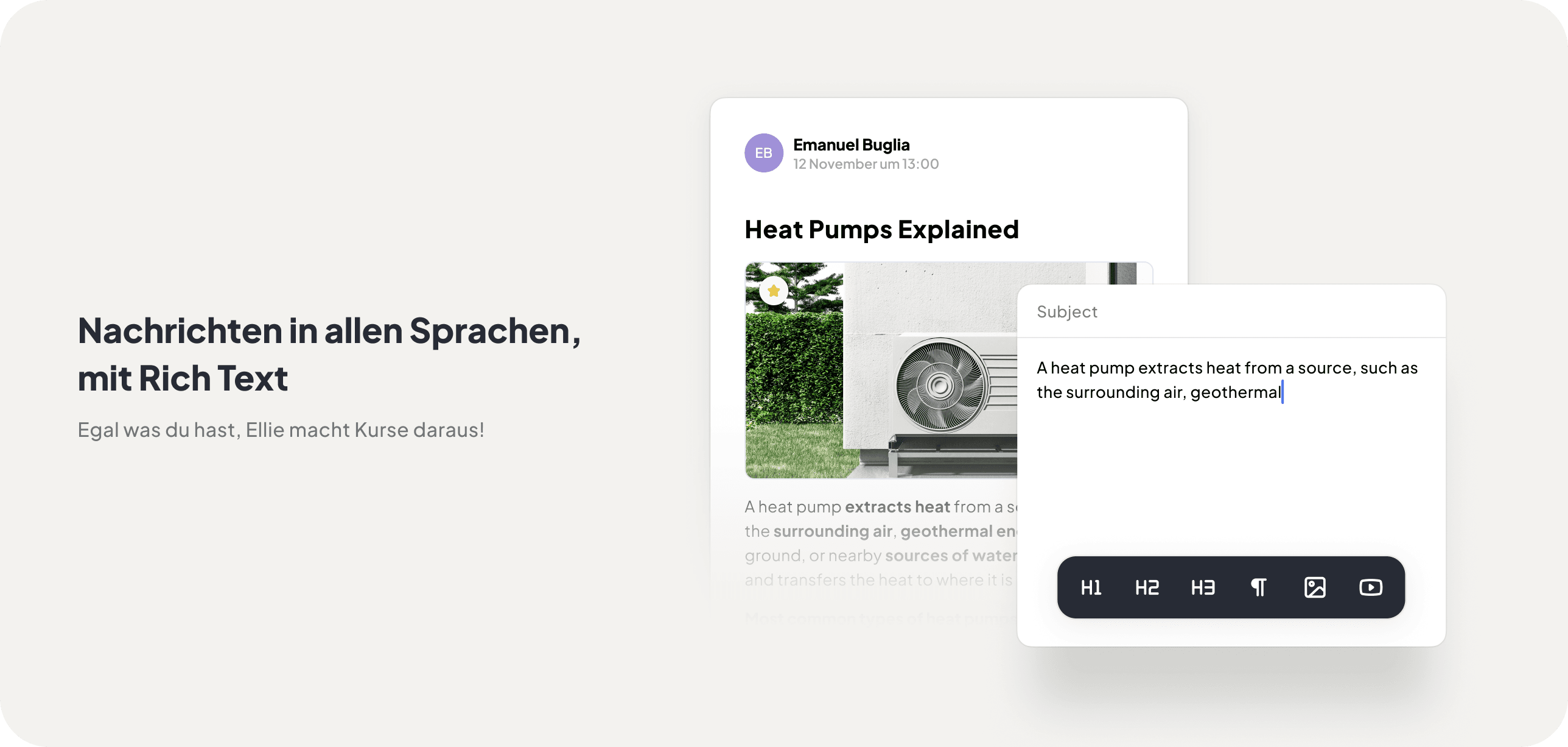 Nachrichten in allen Sprachen, mit Rich Text — Editor mit Beispiel Heat Pumps Explained