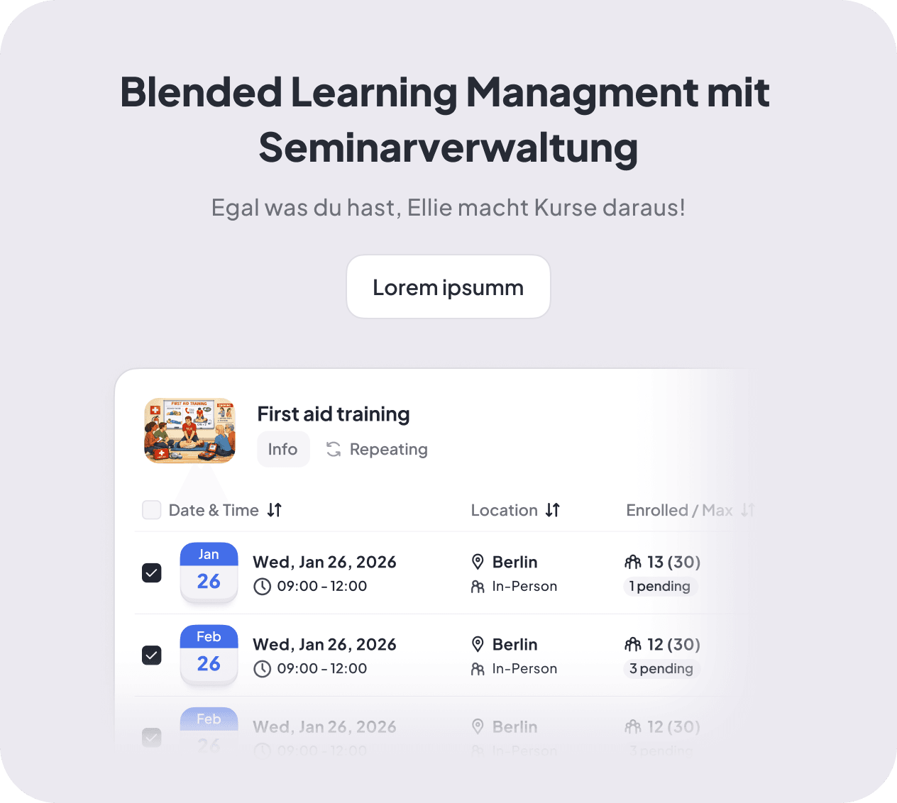 Blended Learning Management mit Seminarverwaltung — Termine, Locations, Enrollment