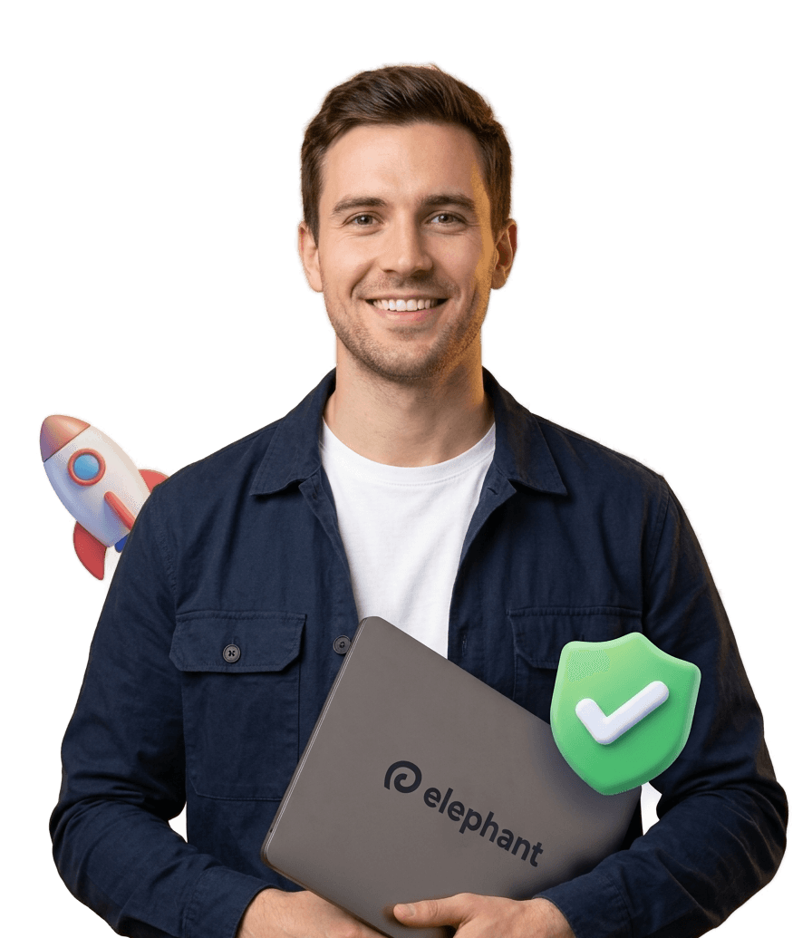 Elephant team member holding a laptop with the Elephant logo, surrounded by a rocket and success icons