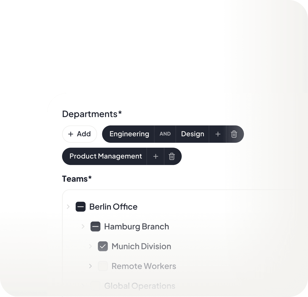 Assignment — assignment dialog with department and team filters