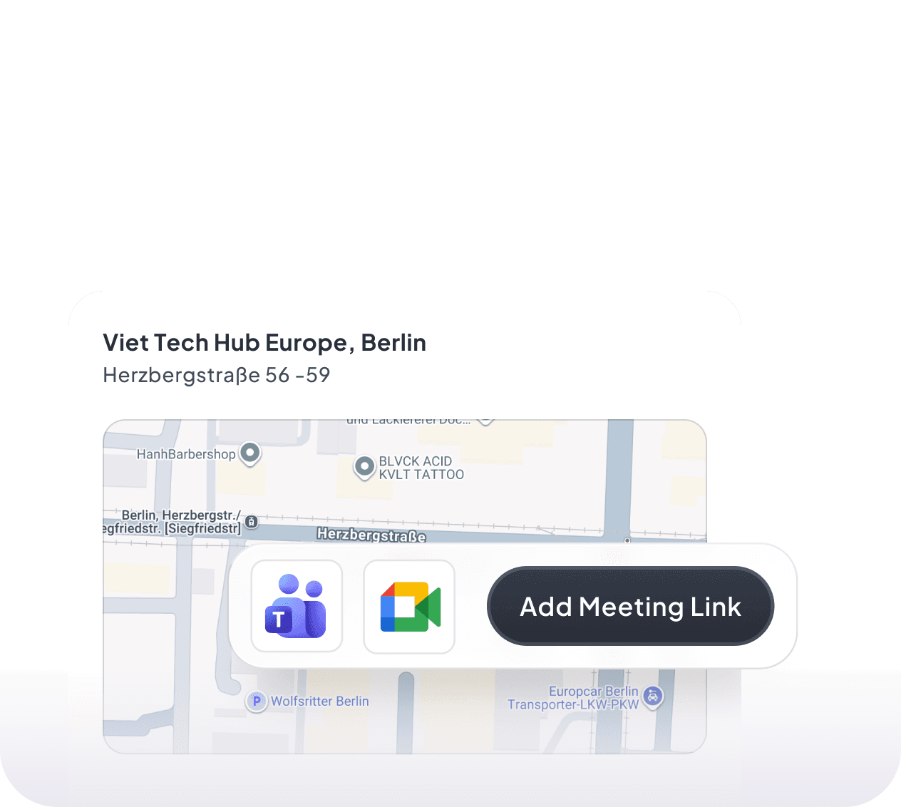 Online, vor Ort oder Hybrid — Adresse mit Karte und Add-Meeting-Link-Button