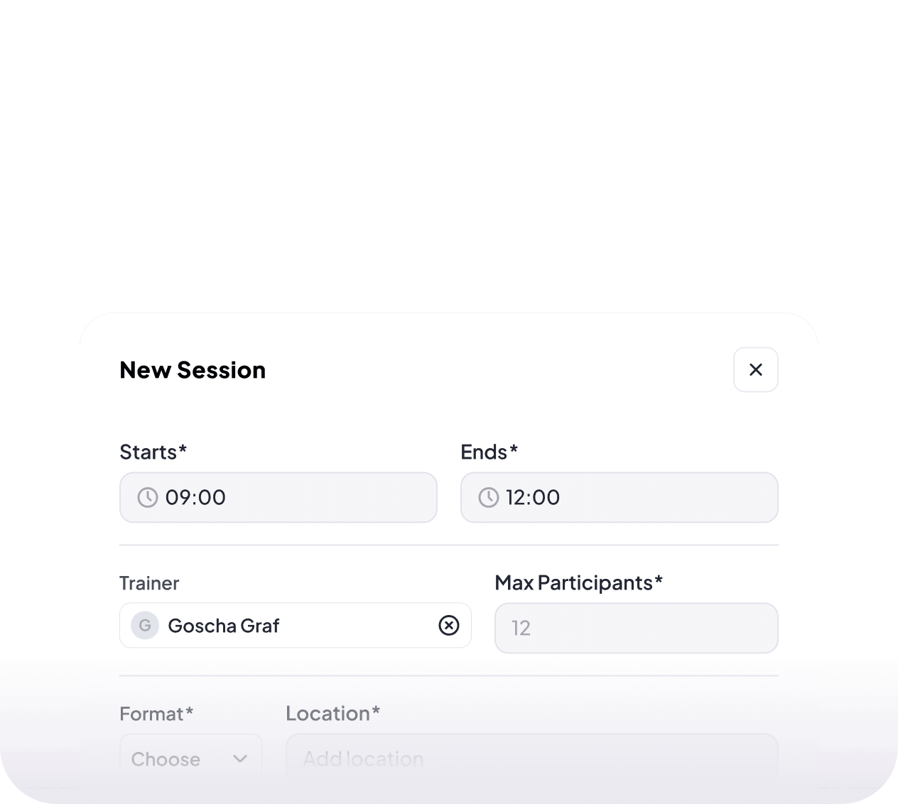 Flexible Terminkonfiguration — Konfigurationsdialog mit Trainer, Startzeit, Endzeit und Max-Teilnehmer