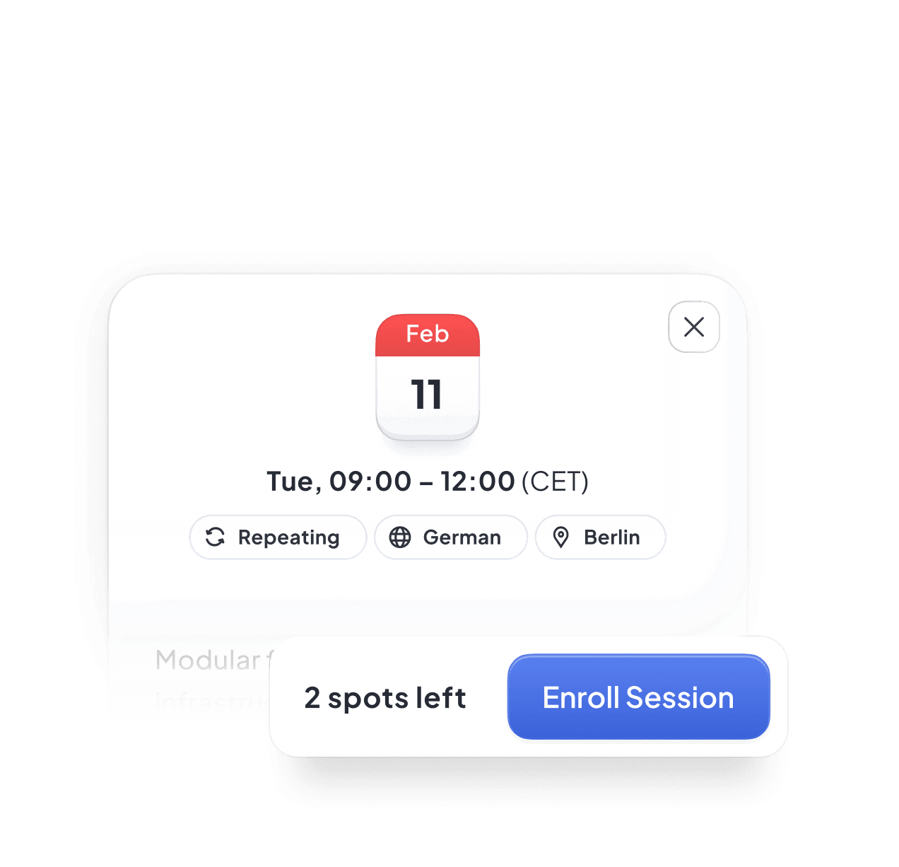 Self-enrolment — catalog UI with open spots and Enroll Session button