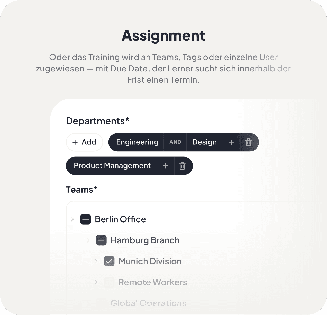 Assignment — assignment dialog with department and team filters