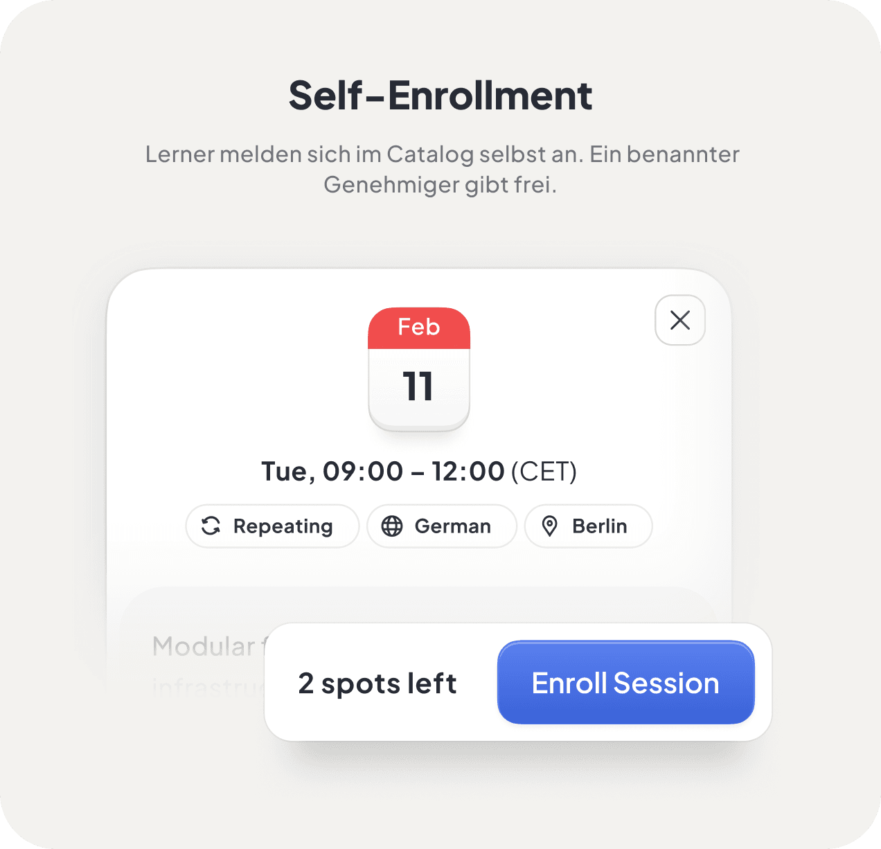 Self-enrolment — catalog UI with open spots and Enroll Session button