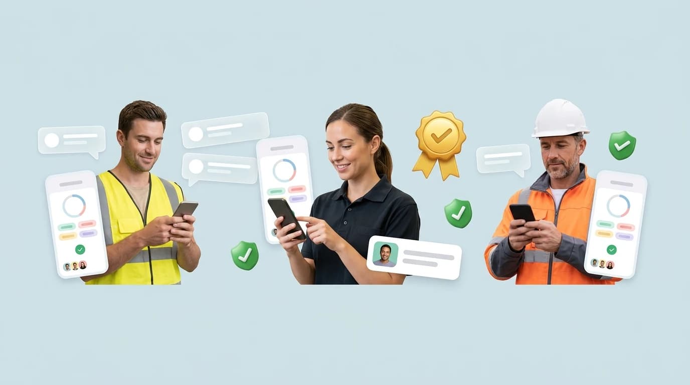 Frontline-Mitarbeiter aus Logistik, Produktion und Außendienst nutzen die Elephant-App auf dem Smartphone — mit Kursfortschritt, Zertifikaten und Benachrichtigungen.