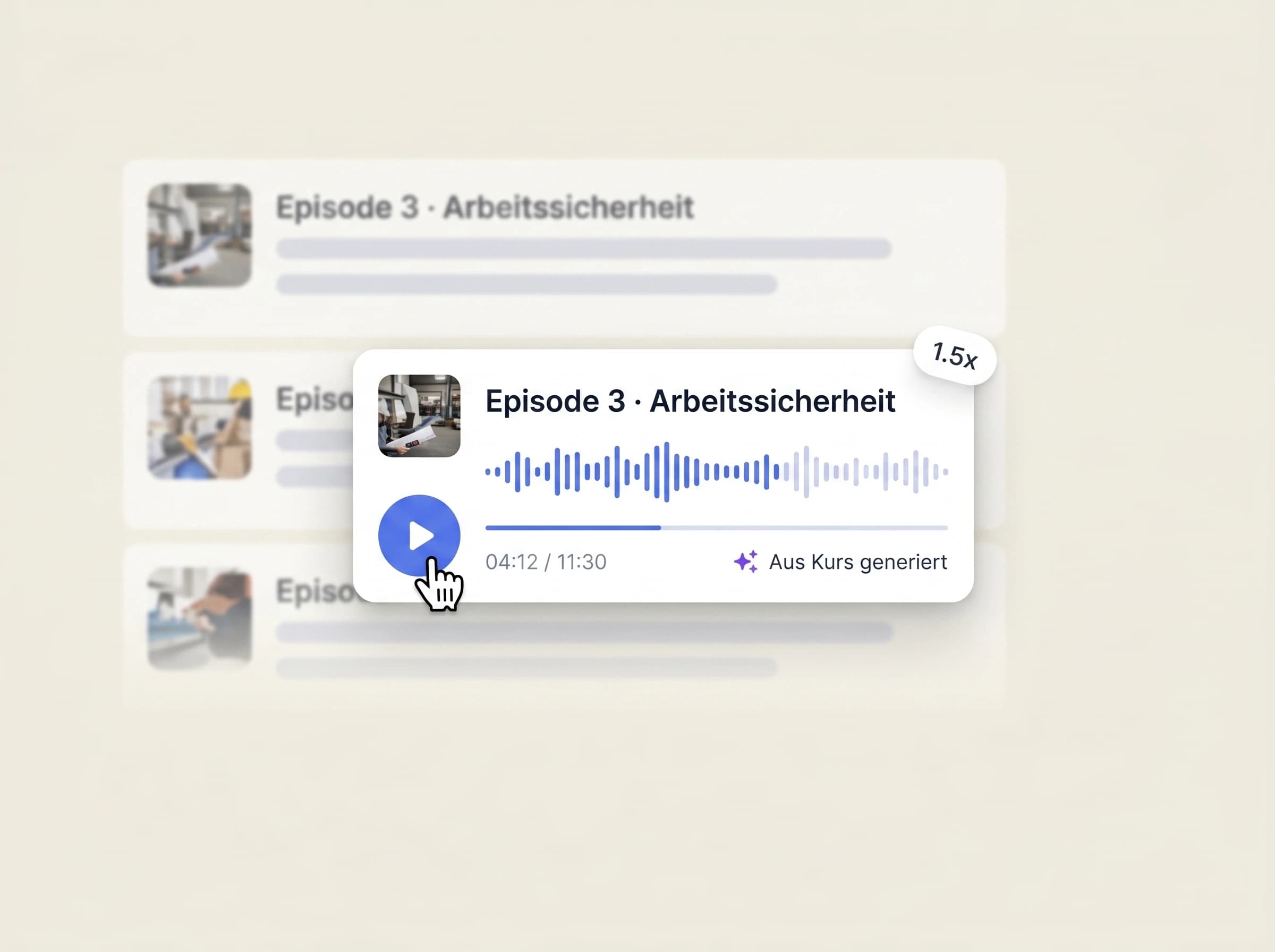Employee with headphones and audio waveform — courses as podcast episodes