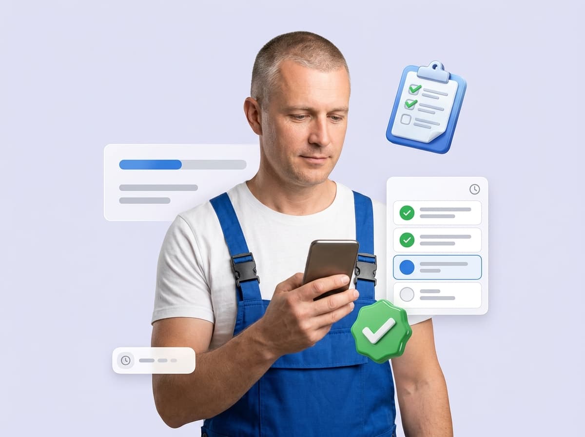 Techniker mit Smartphone und SOP-Checkliste — strukturierte Arbeitsanweisungen