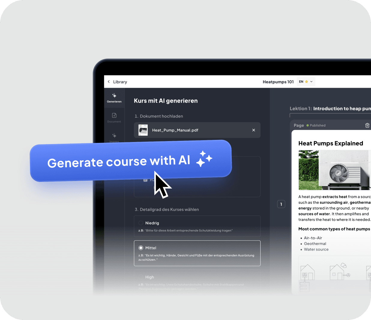 KI-Coursebuilder mit Dokumenten und Generate-with-AI Funktion
