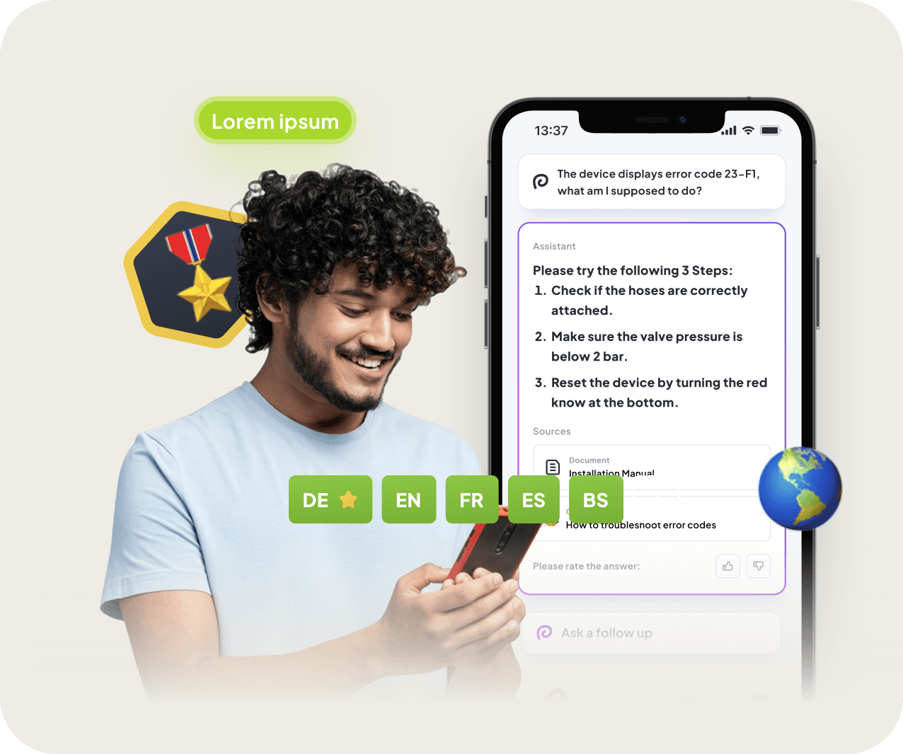 Mitarbeiter mit Smartphone und Sprachauswahl in der Elephant App
