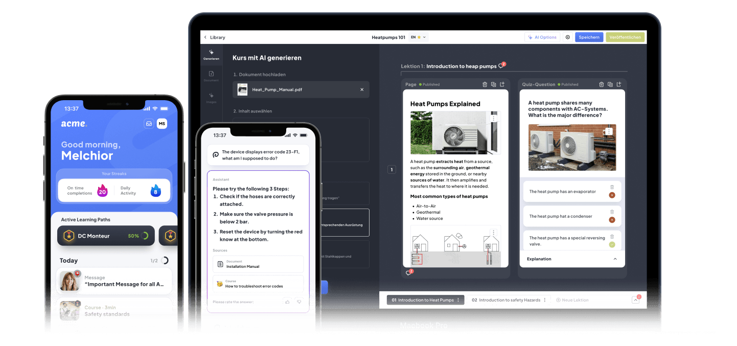 Elephant Plattform — Tablet mit KI-Coursebuilder und Smartphones mit App und KI-Assistent