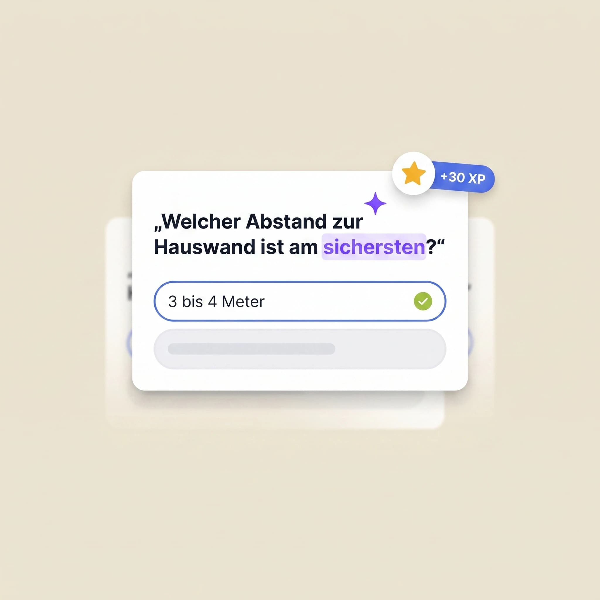 Phone mockup with quiz view and a praise animation