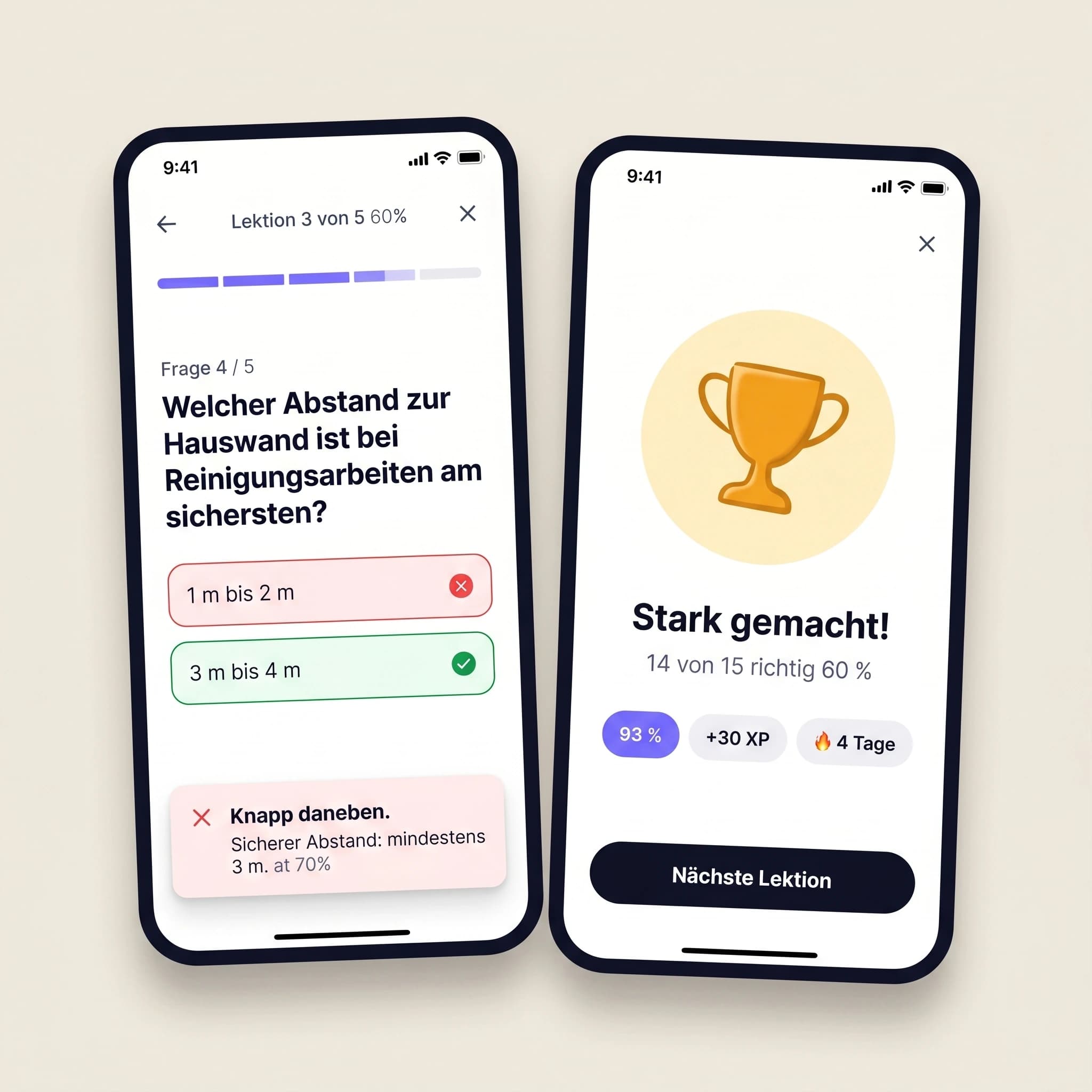 Smartphone-Mockup mit Quiz-Ansicht und Lob-Animation