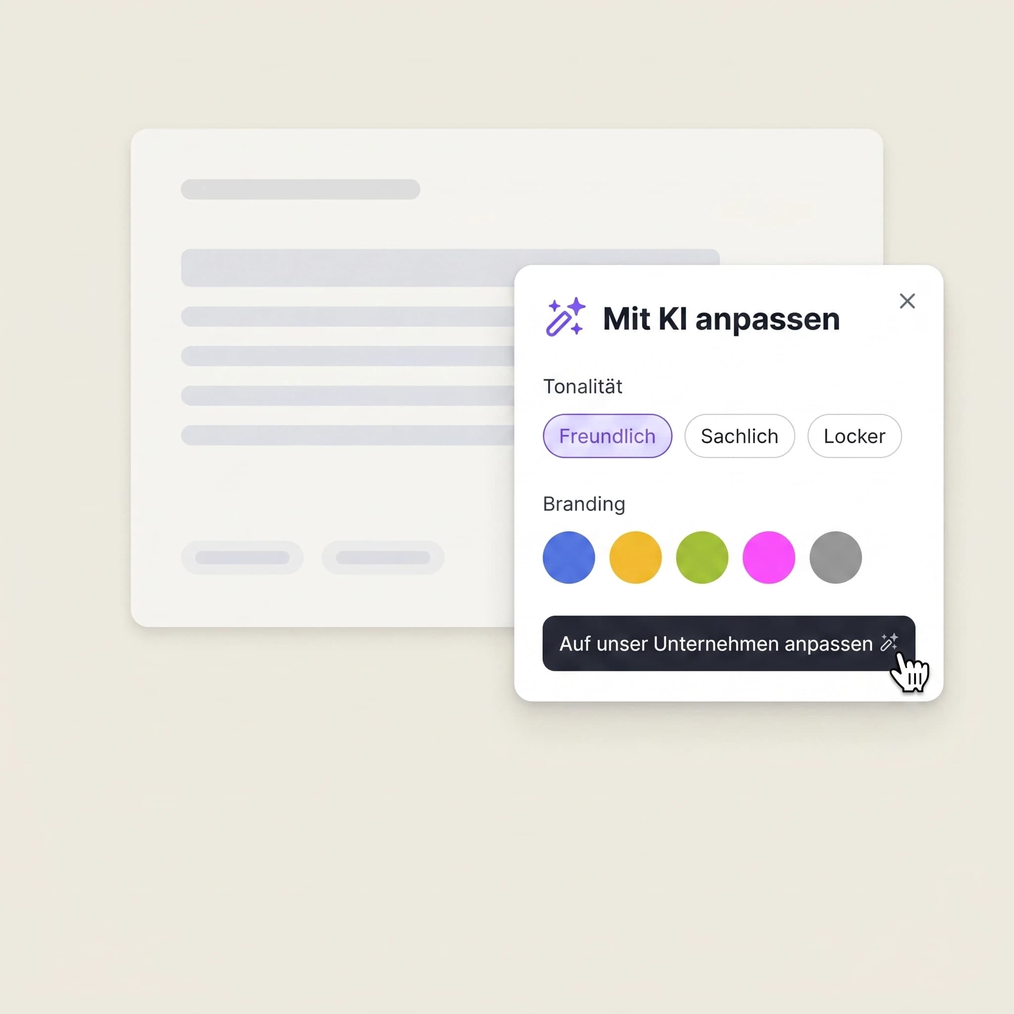 Editor block with an AI customisation menu and branding options