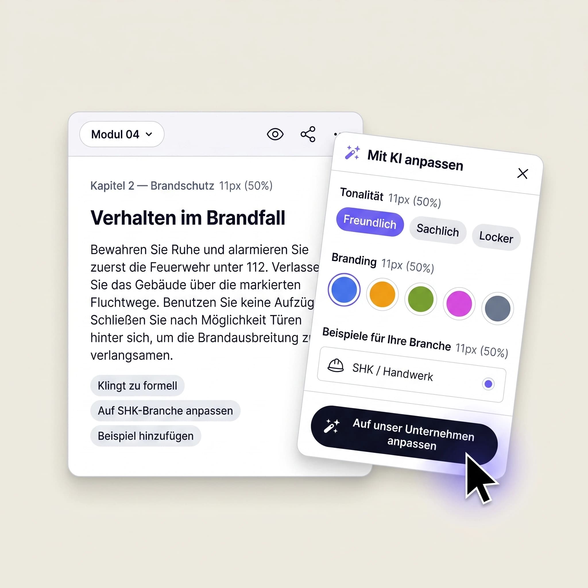 Editor-Block mit KI-Anpassungsmenü und Branding-Optionen
