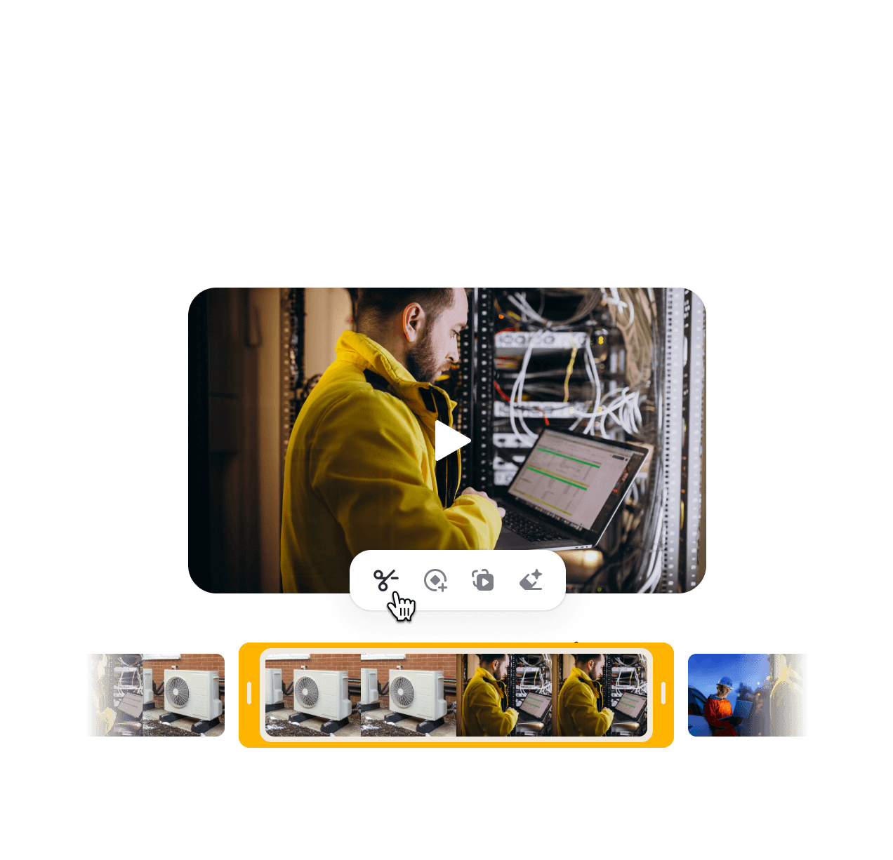 Video timeline with cut markers and a language dropdown