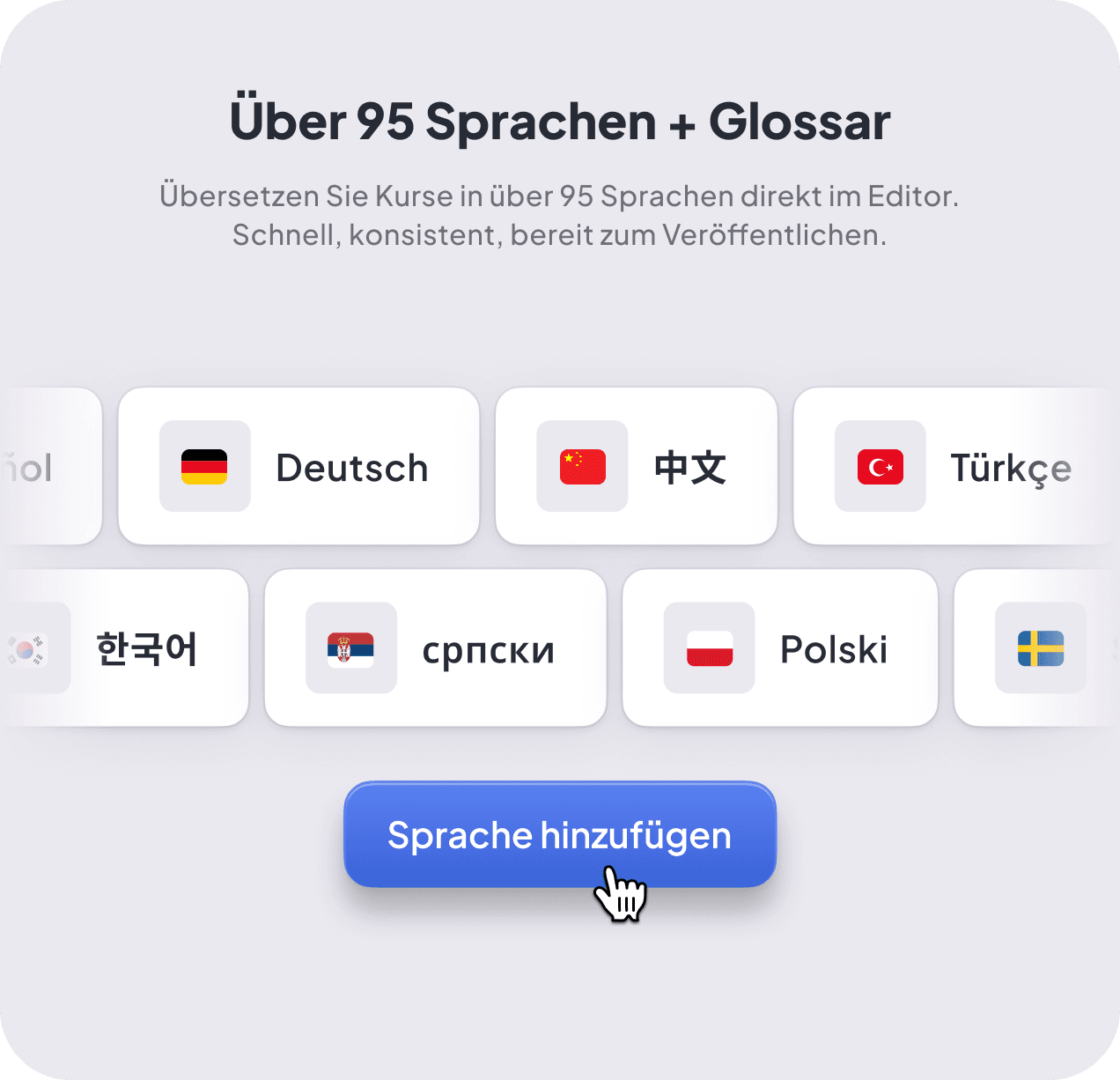 Über 95 Sprachen + Glossar — Sprachauswahl Deutsch / 中文 / Türkçe / 한국어 / српски / Polski