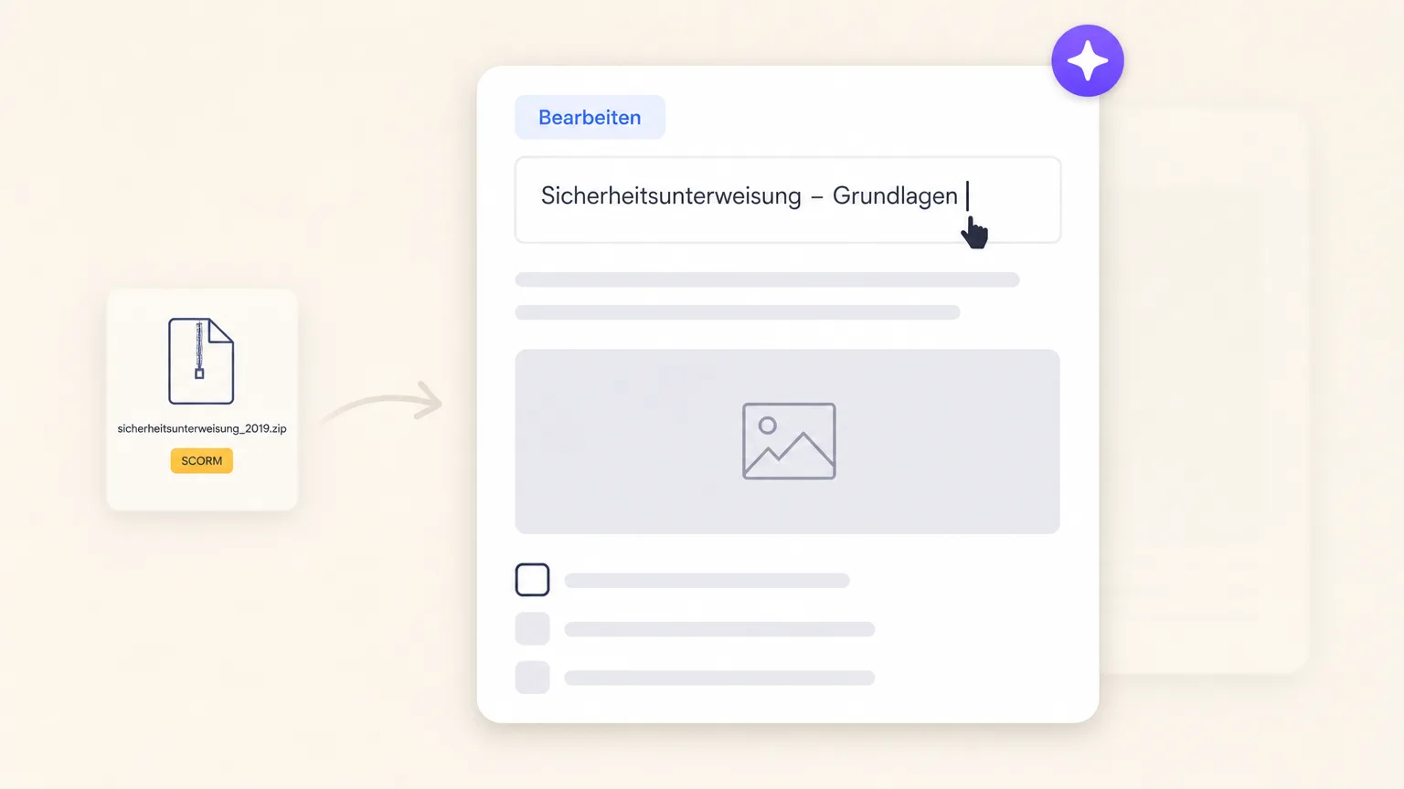Eine alte SCORM-Datei (sicherheitsunterweisung_2019.zip) wird in den Elephant Kurs-Editor importiert und liegt dort als bearbeitbare Lektion mit Text, Bild und Quiz offen.