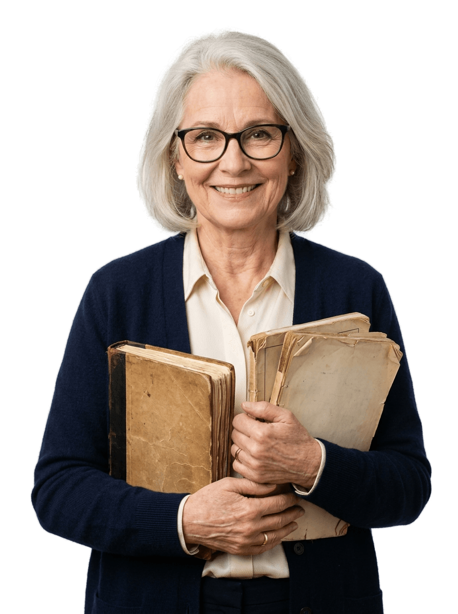 Senior knowledge holder with microphone, book and brain icon — knowledge transfer imagery