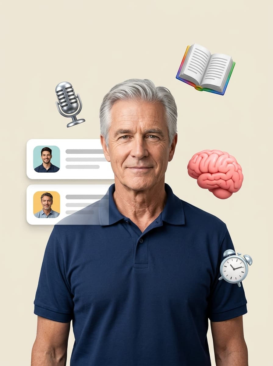 Senior Wissensträger mit Mikrofon, Buch und Brain-Icon — Wissenstransfer-Imagery