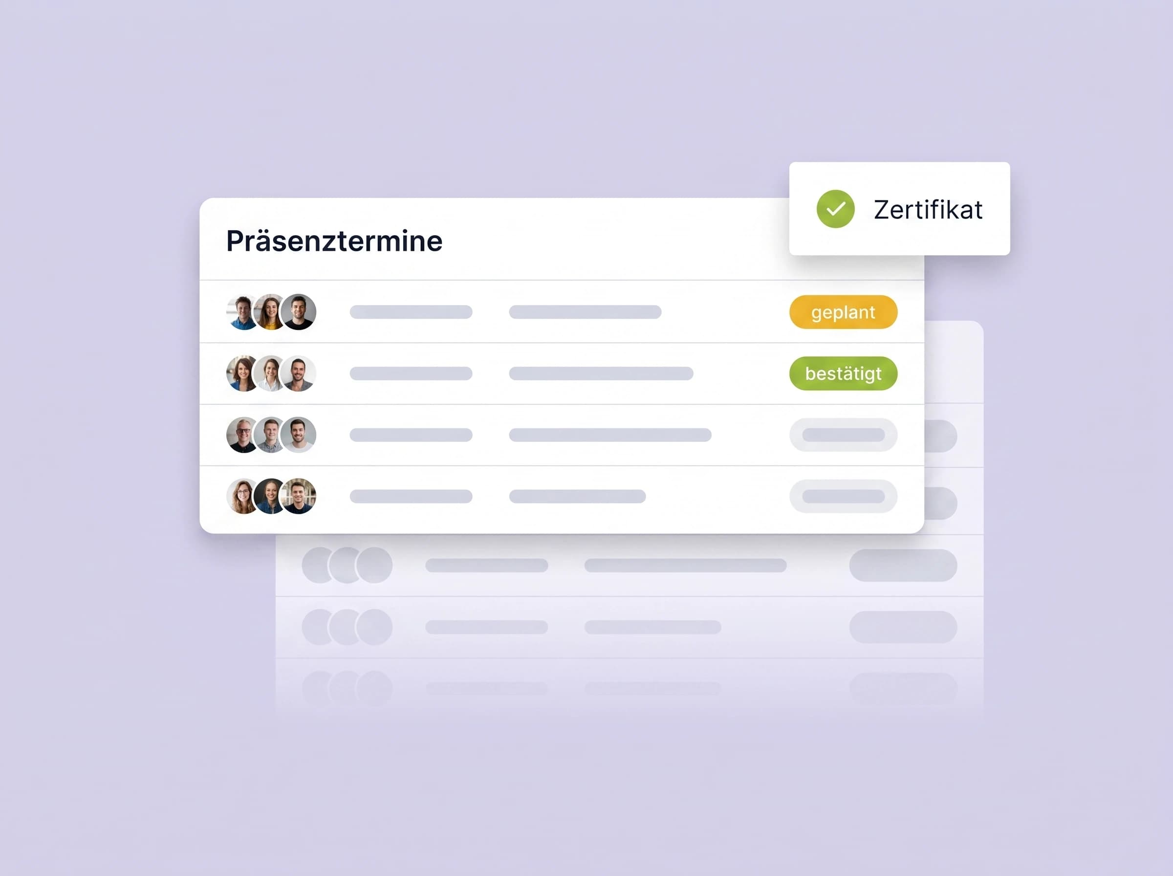 Live-Training-Kalender mit drei Schulungsterminen und Teilnehmerliste