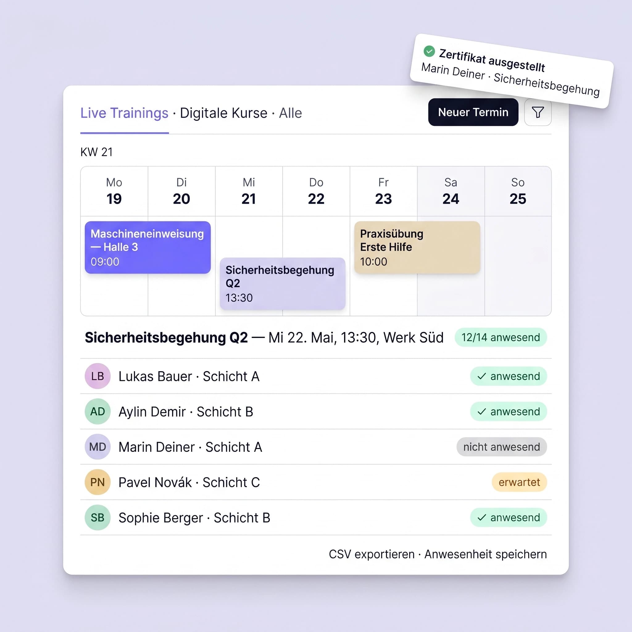 Live-Training-Kalender mit drei Schulungsterminen und Teilnehmerliste