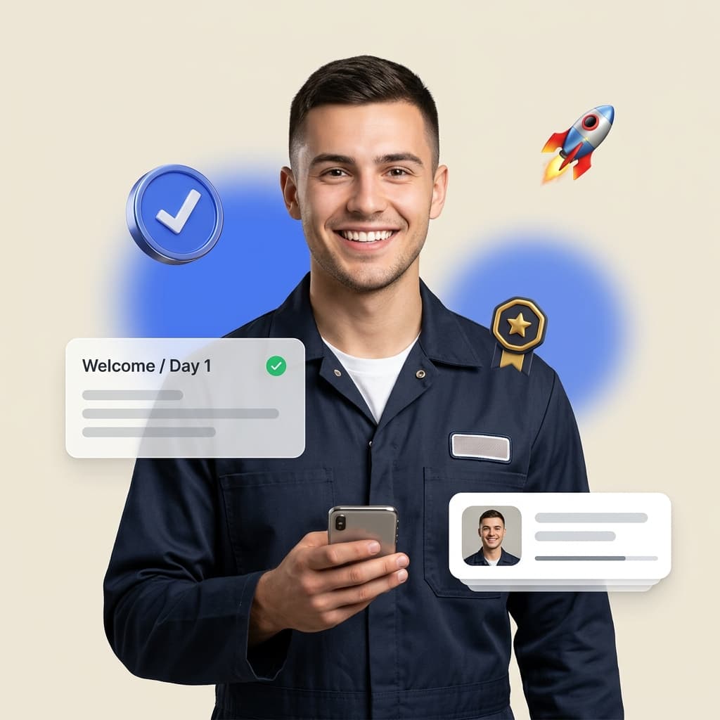 Neuer Mitarbeiter im Werks-Jumpsuit mit Smartphone, Welcome-Karte, Check-Shield und Medaille