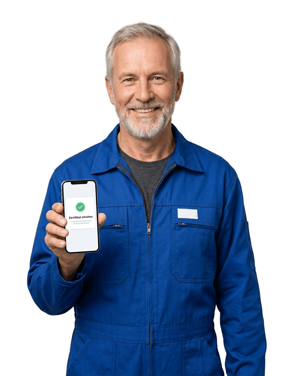 Neuer Mitarbeiter im Werks-Jumpsuit mit Smartphone, Welcome-Karte, Check-Shield und Medaille