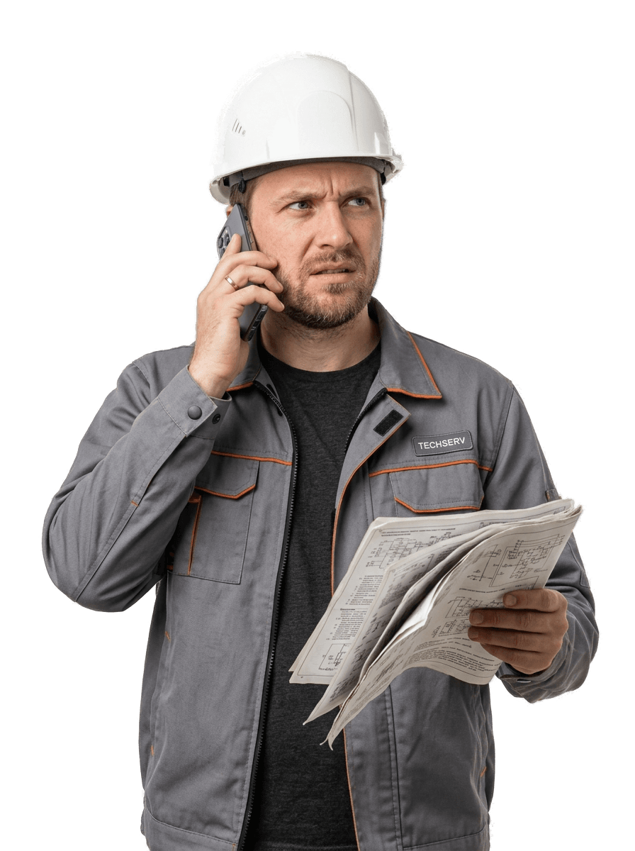 Service-Techniker mit Schutzhelm und Smartphone, Suchglas und Chat-Antwort
