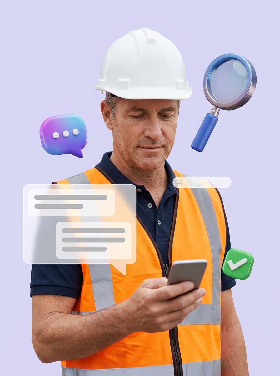 Service-Techniker mit Schutzhelm und Smartphone, Suchglas und Chat-Antwort