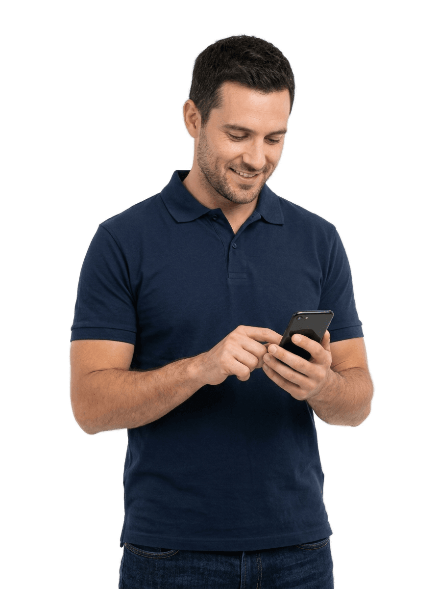 Field technician with smartphone, learning badges and chat bubbles