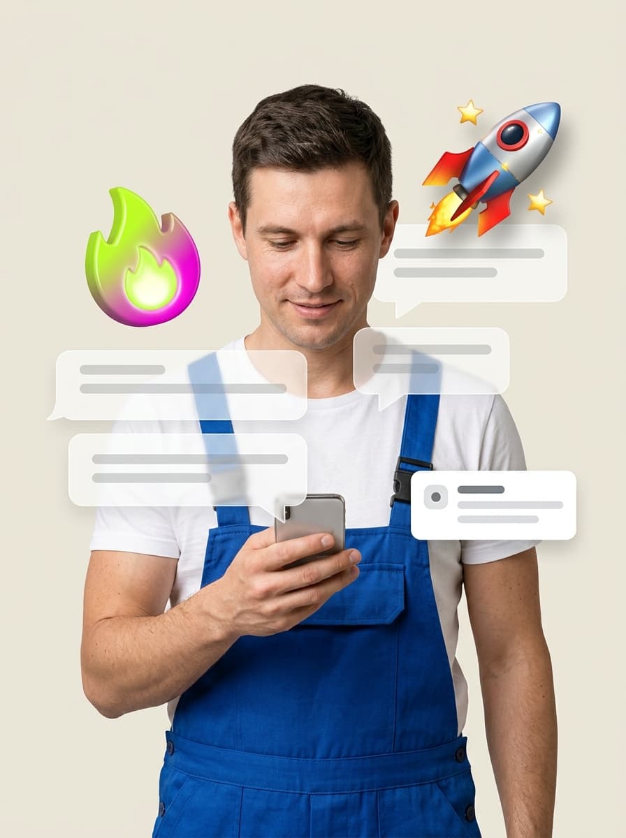 Field Technician mit Smartphone, Lern-Badges und Chat-Bubbles