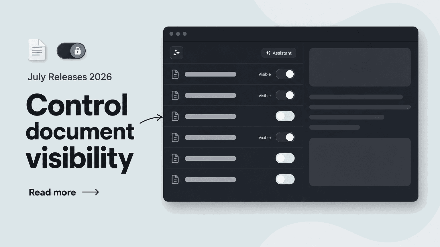 Announcement graphic: document visibility toggles in a knowledge space