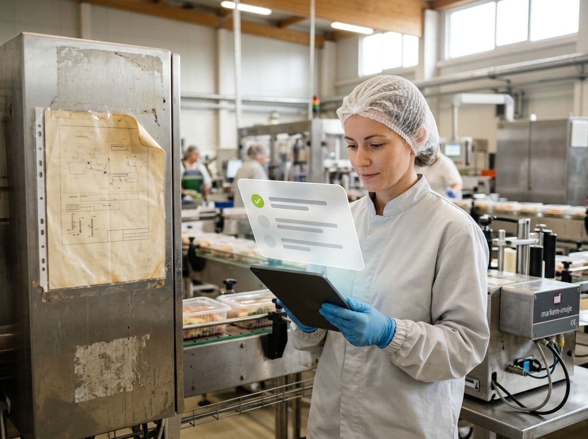 Operator at a labeling machine reading a digital work instruction on a tablet