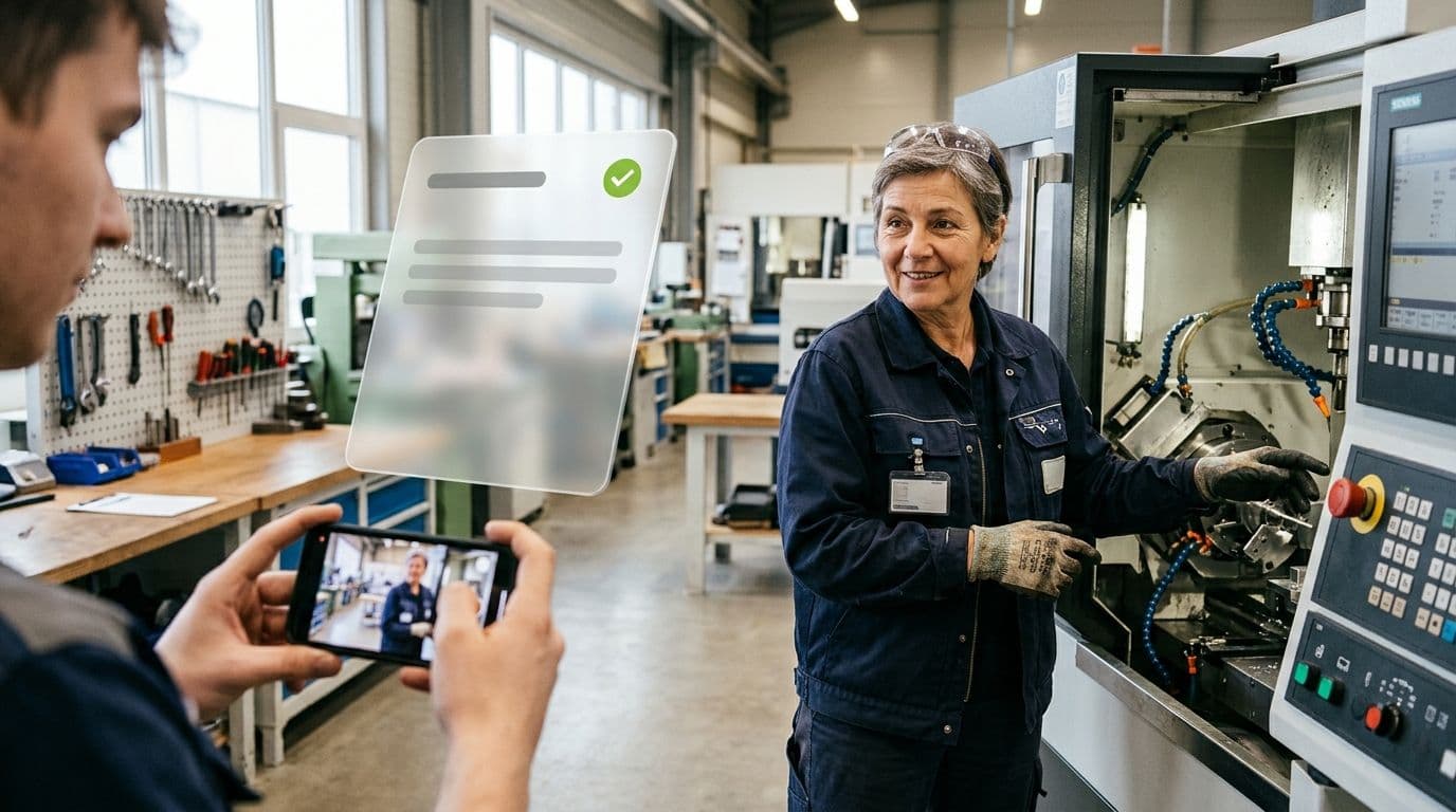 Erfahrene Instandhalterin erklärt an einer Fräsmaschine einen Arbeitsschritt, ein Kollege filmt sie für eine SOP mit dem Smartphone