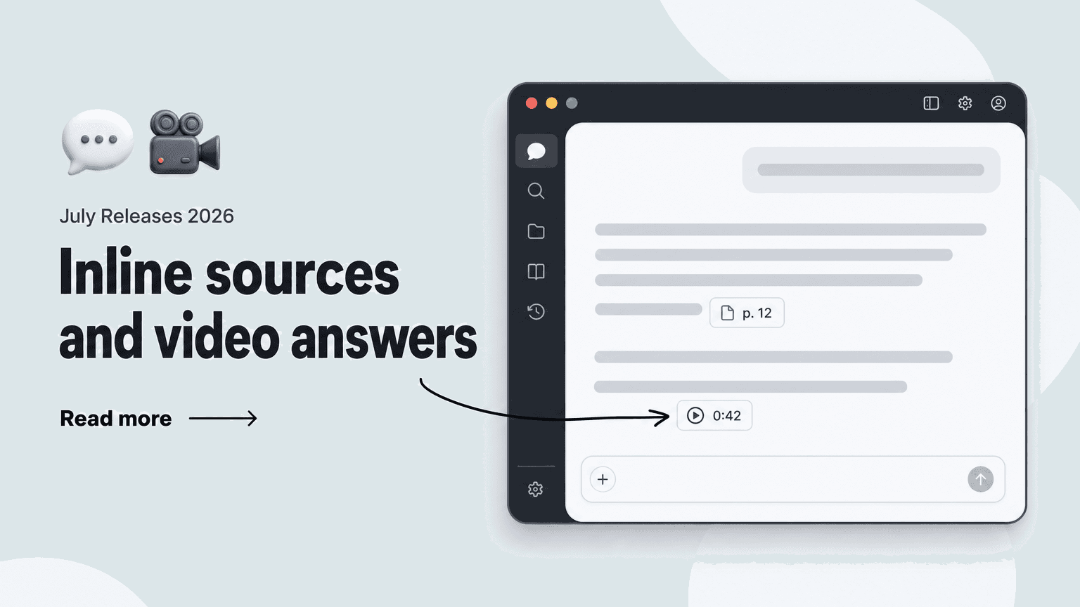Announcement graphic: inline source chips and video timestamps in the Elephant Assistant