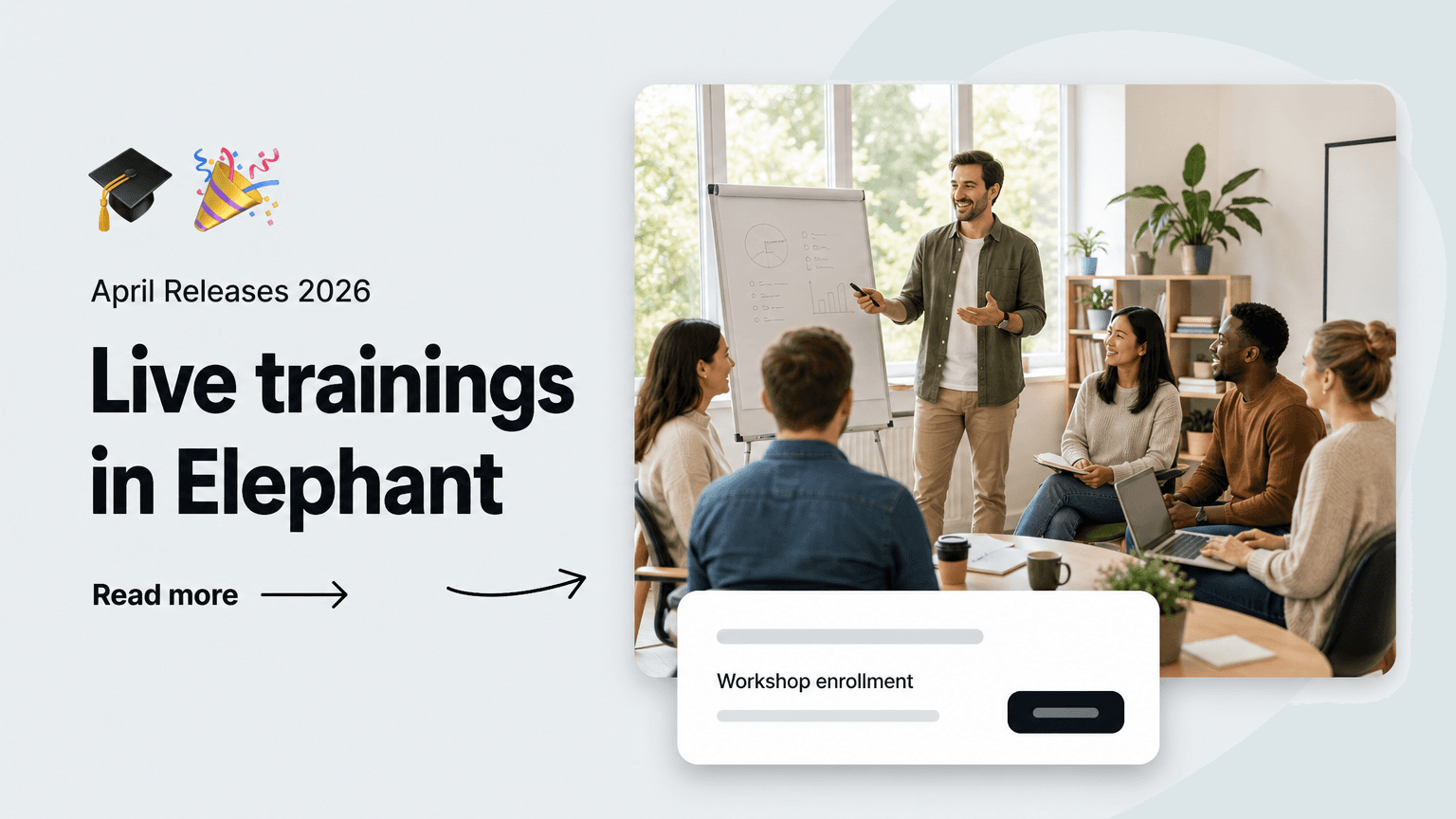 Ankündigungsgrafik zum Live-Training-Feature: Eine Trainerin präsentiert vor Teilnehmenden in einem Seminarraum.