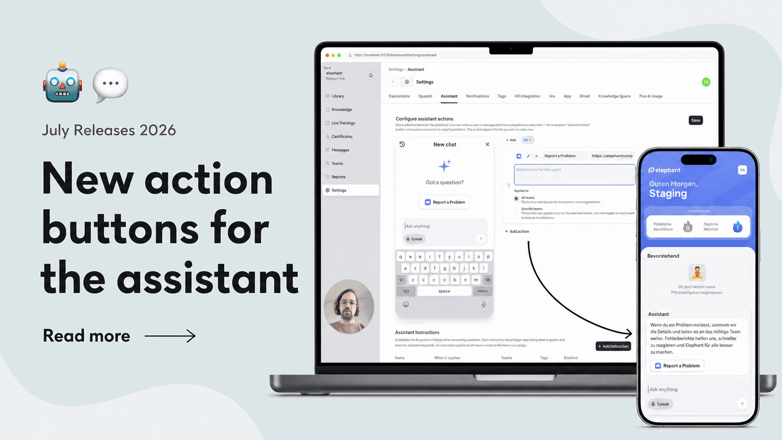Ankündigungsgrafik: Action Buttons im Assistant-Chat