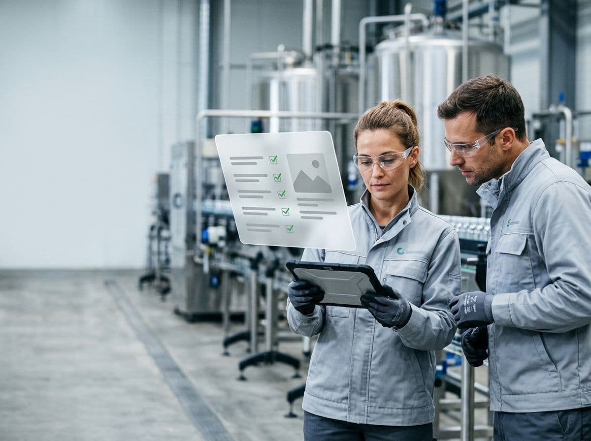 Line operator and colleague at a beverage filling line reviewing an SOP as a digital checklist on a tablet