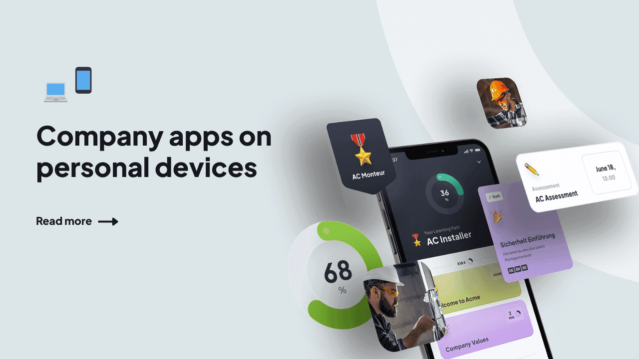 A detailed image of the concept of Bring Your Own Device BYOD in a professional setting, showing frontline employees using their personal smartphones